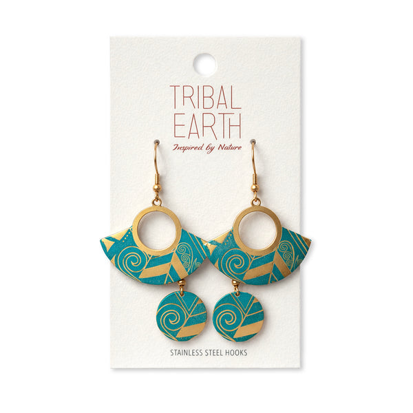 Tribal Earth earrings on a white card with gold and teal design.