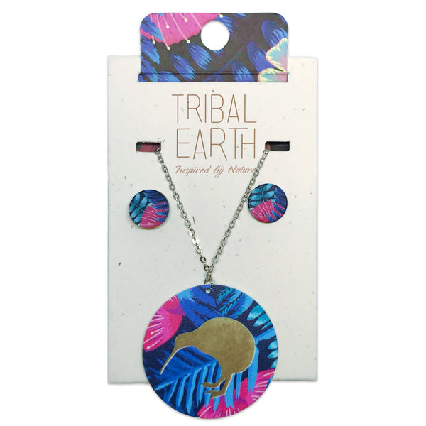 Tribal Earth Pendant with Ear Studs-Kiwi-Stainless Steel