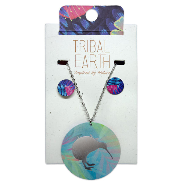 Tribal Earth Pendant with Ear Studs-Kiwi-Stainless Steel