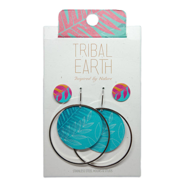 Tribal Earth Hoop Earring Set plus Ear Studs-Ferns-Stainless Steel