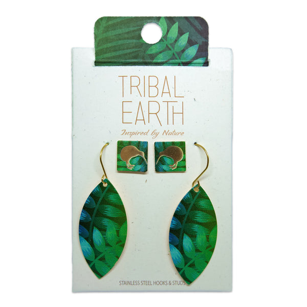 Tribal Earth Teardrop Earring Set plus Ear Studs-Kiwi and Ferns 